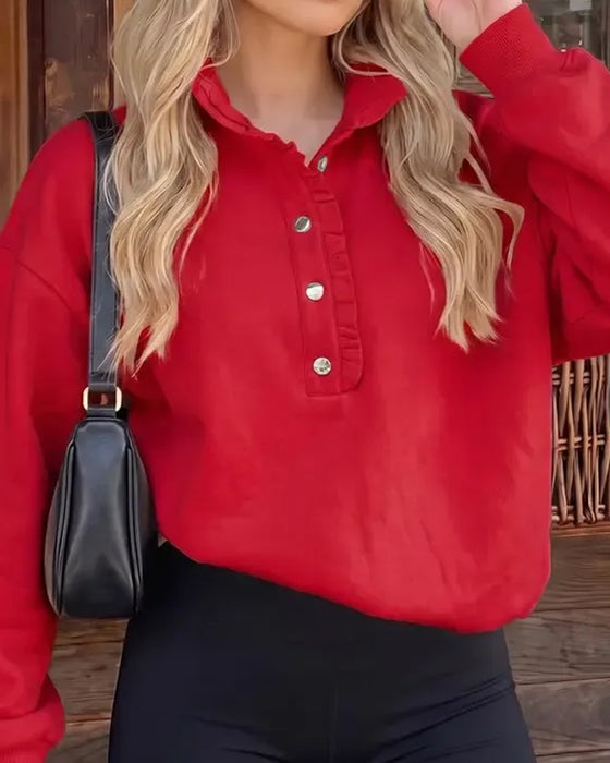 Sweatshirt Rüsche Geknöpft Langarm Locker