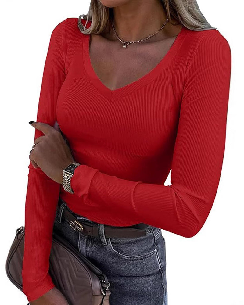 Top V-Ausschnitt Slim Langarm