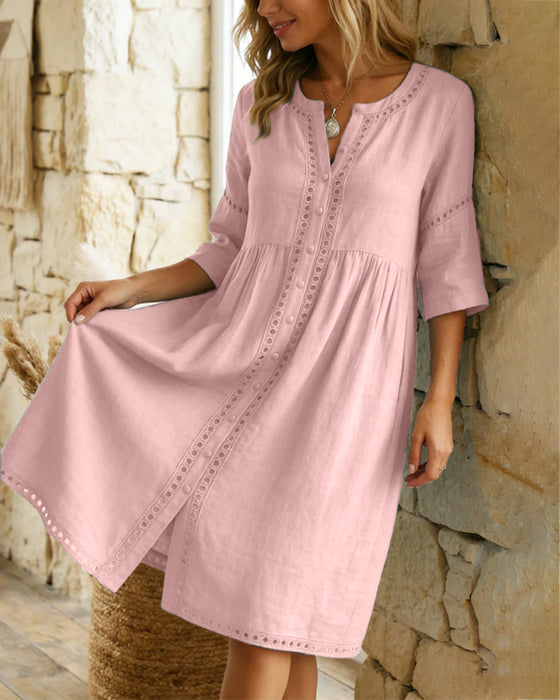 Kleid 100% Baumwolle Durchbrochen V-Ausschnitt Knopfleiste