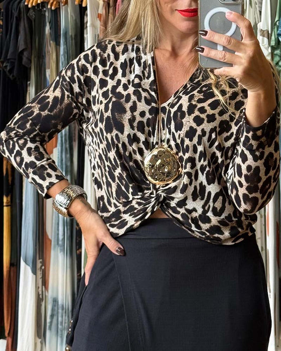 Oberteil V-Ausschnitt Langarm Leopard Knoten