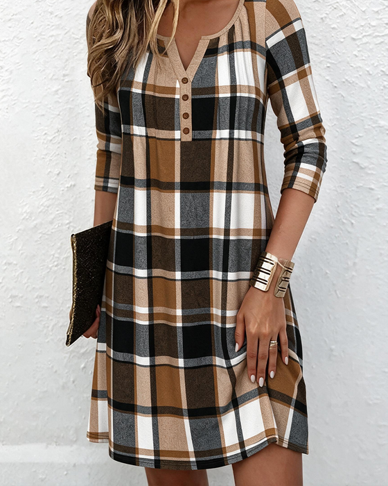 Kleid V-Ausschnitt Knopf Karo