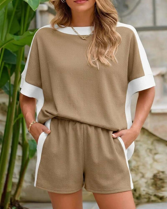 Set Farbblock Kurzer Ärmel Shorts Lässig