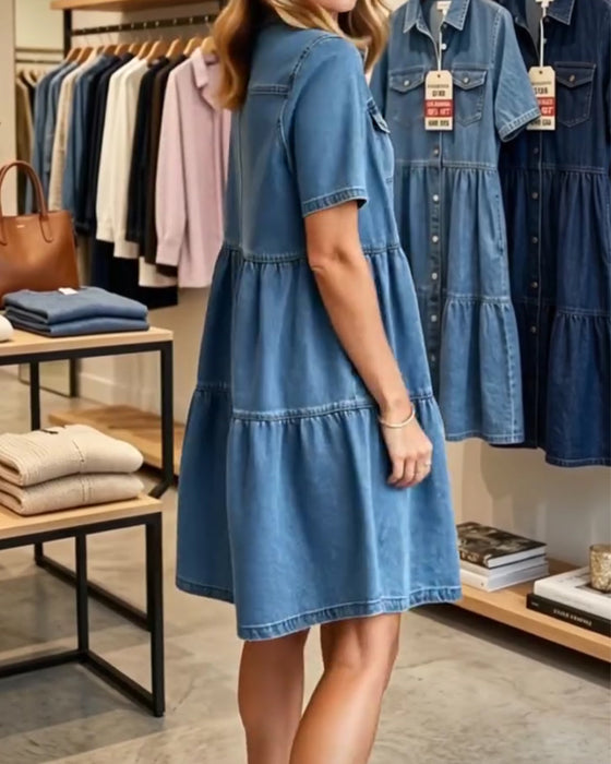 Kleid Denim Rüsche Lagen Kurzarm