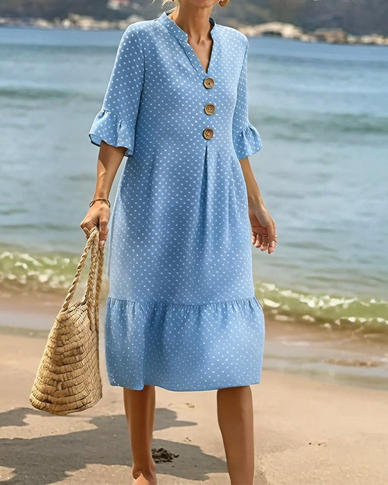 Kleid Polka Dot V-Ausschnitt Rüsche Ärmel