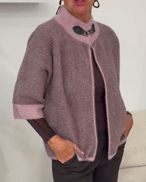 Cardigan Fischgrätenmuster Farbblock Cropped Gestrickt