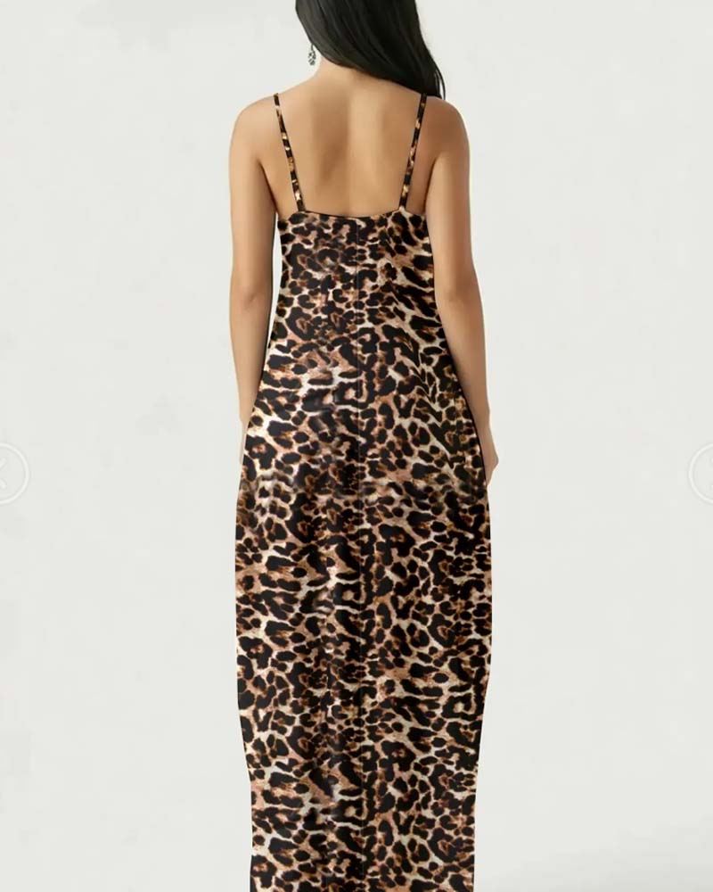 Kleid Spaghettiträger Leopard Druck Tailliert A-Linie
