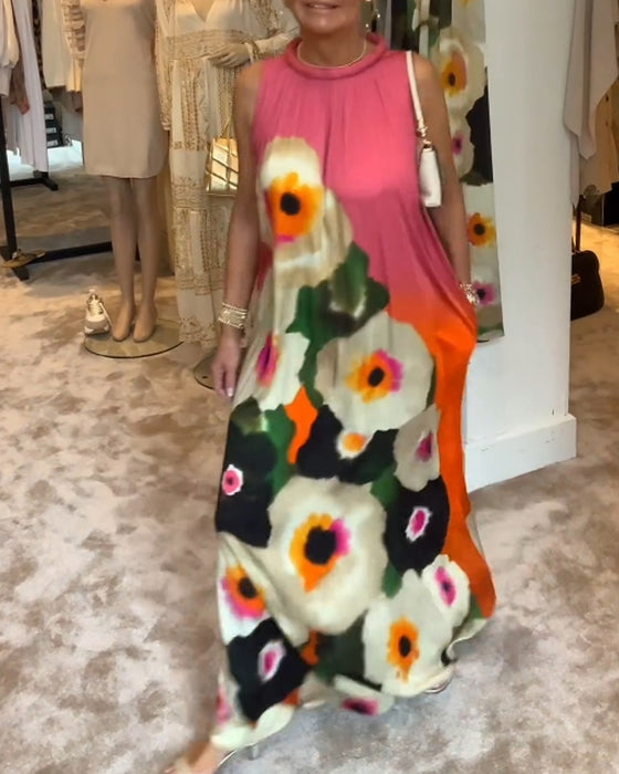 Ärmelloses, lässiges langes Kleid mit Blumendruck
