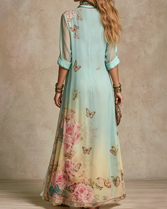 Kleid Revers Schmetterling Rose Print