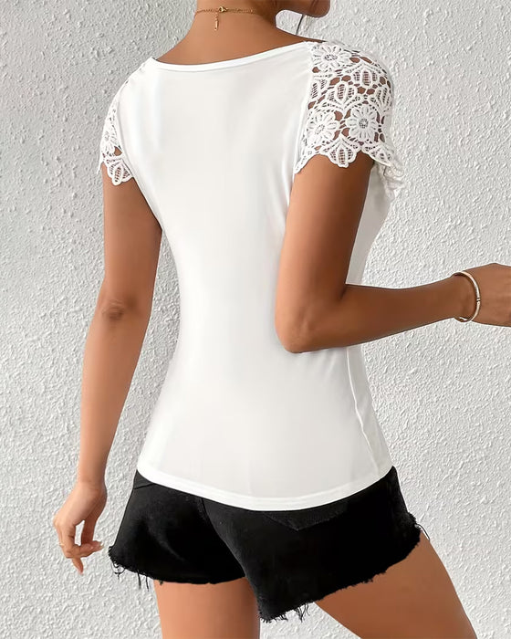 T-Shirt Spitze Off-The-Shoulder Patchwork
