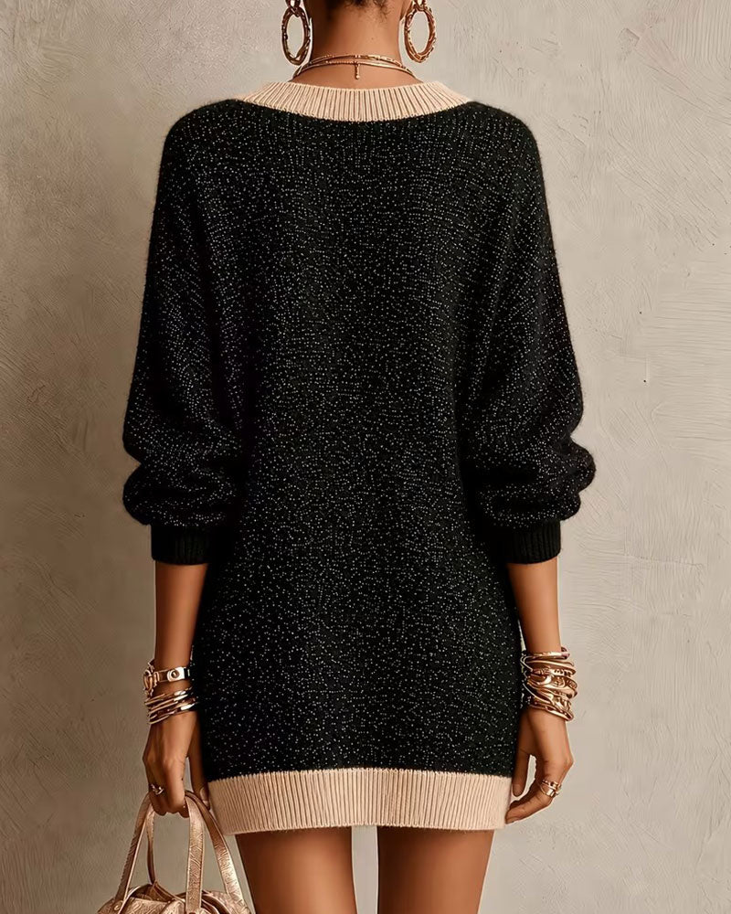 Kleid V-Ausschnitt Langarm Locker Gestrickt Pullover