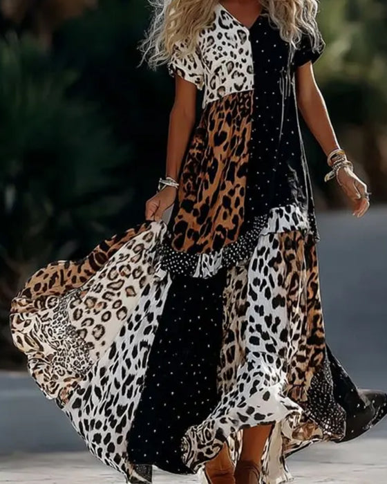 Kleid V-Ausschnitt Leopard Tupfen Rüsche