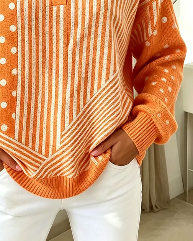 Pullover Knopf Vorne Streifen Tupfen Drop Schulter Gestrickt
