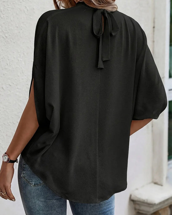 Bluse Mock Neck Plissiert Dreiviertel Ärmel Uni