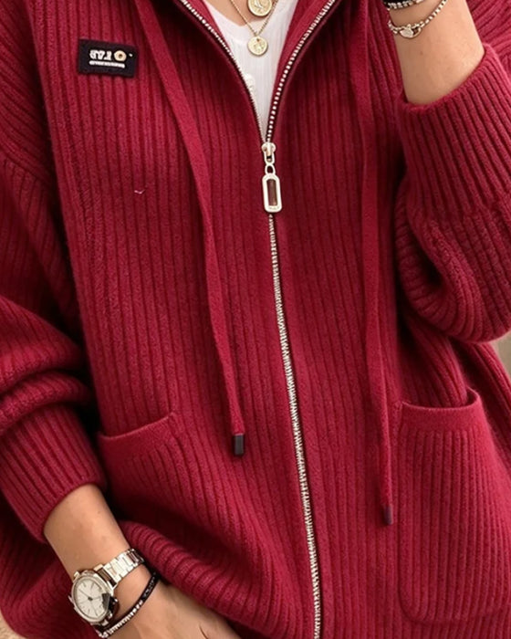 Cardigan Kordelzug Reißverschluss Tasche Pullover