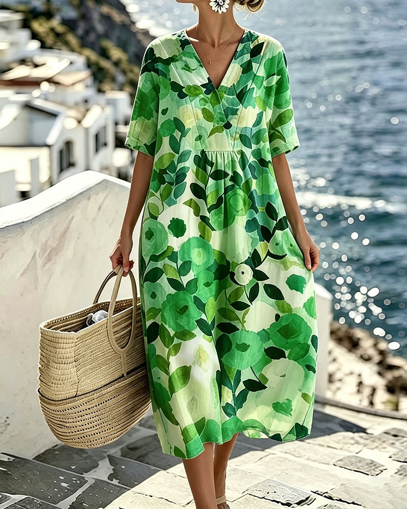 Kleid Aquarell Blumen V-Ausschnitt