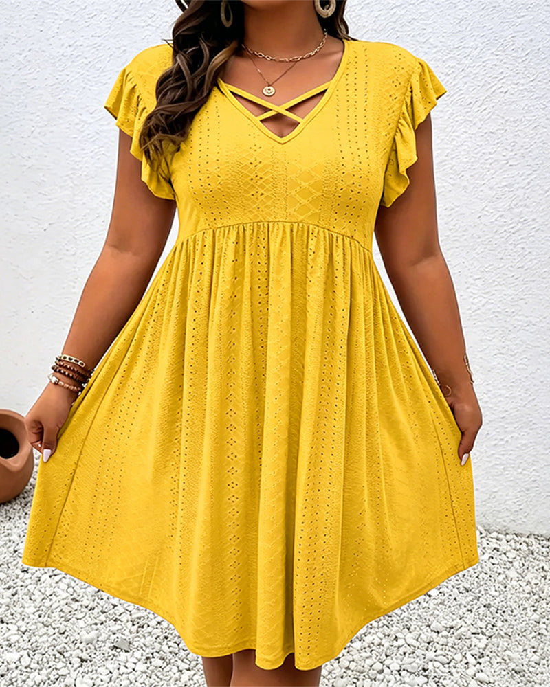 Kleid Einfarbig Durchbrochener Lotusblätterärmel