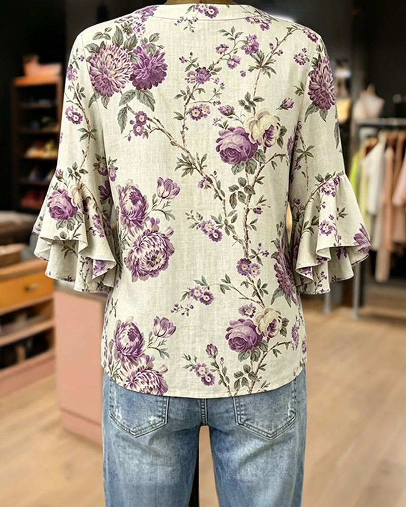 Kleid Retro Print V-Ausschnitt Tailliert Lang