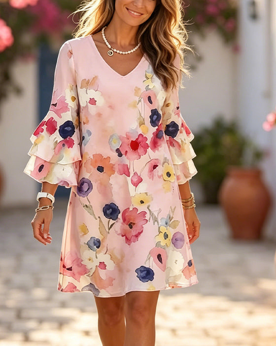 Kleid Aquarelldruck Schirmärmel Kurz