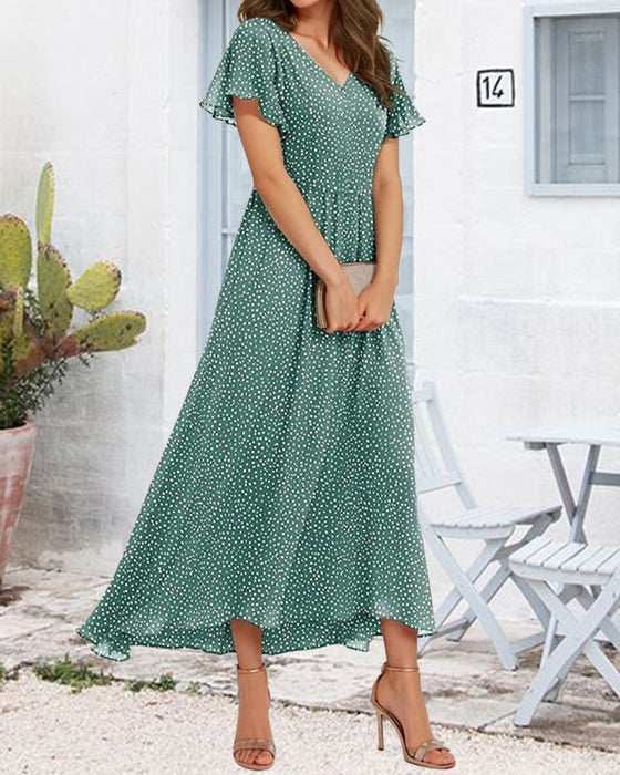 Kleid V-Ausschnitt Rüschensaum Punkte