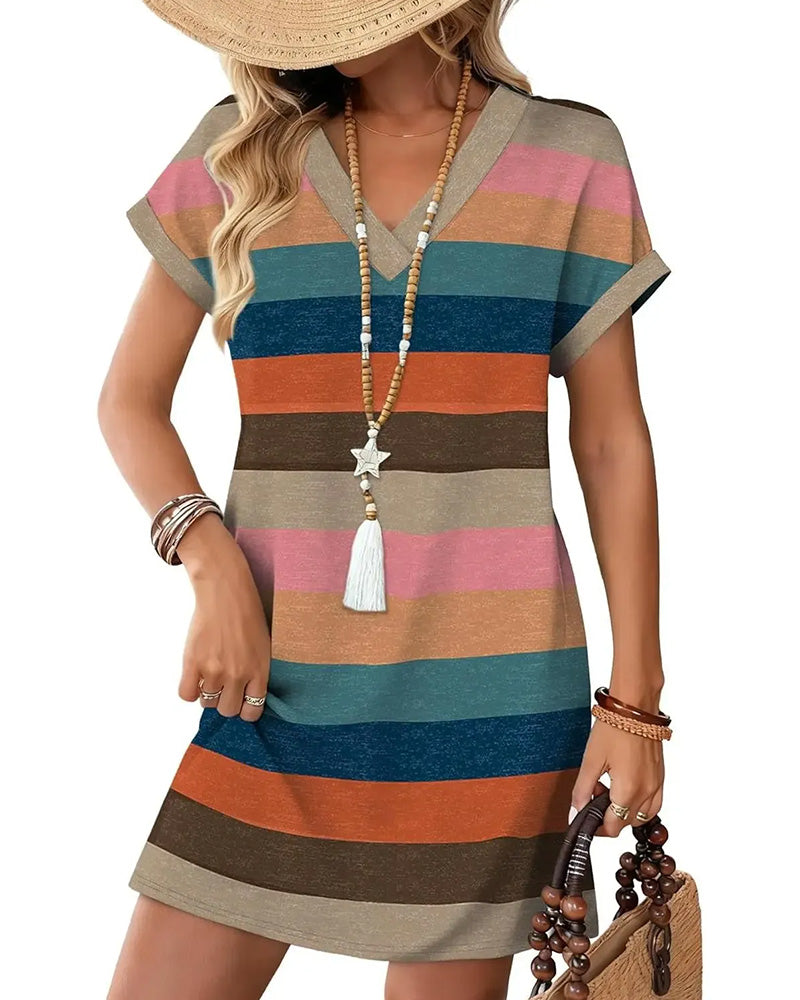 Kleid Bunt Horizontal Streifen V-Ausschnitt