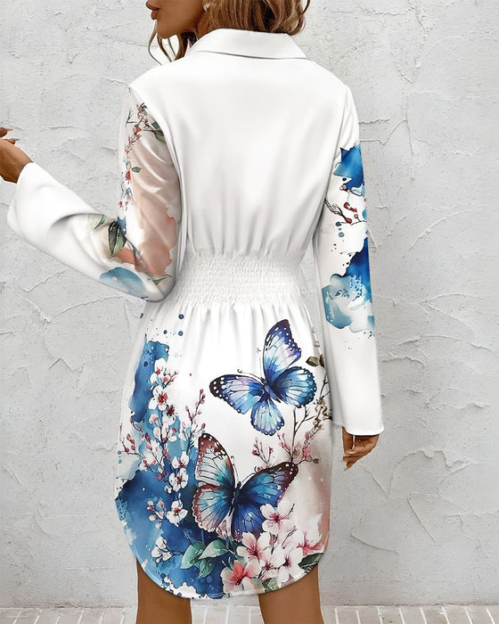 Blusenkleid mit Schmetterlingen, Blumen und Knöpfen