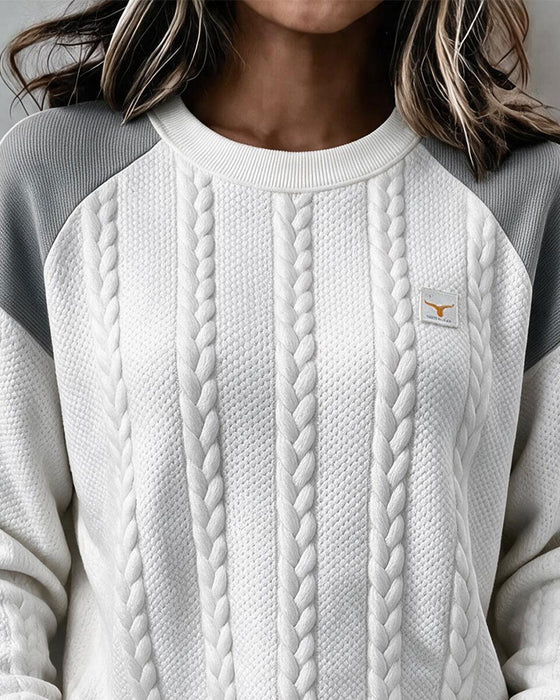 Sweatshirt Rundhals Zopfstrick Farbblock