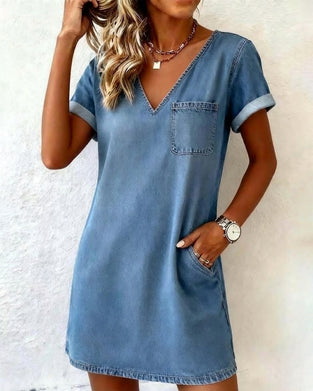 Kleid Denim V-Ausschnitt Kurzärmelig Shift