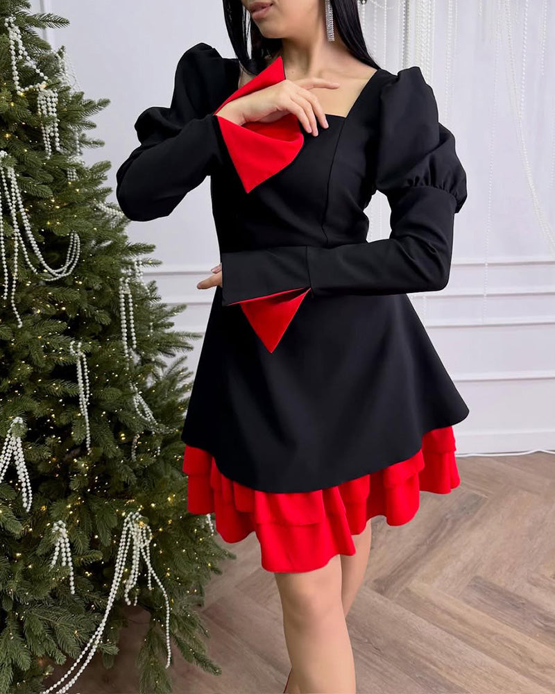 Kleid Schlitz Glockenärmel Patchwork A-Saum