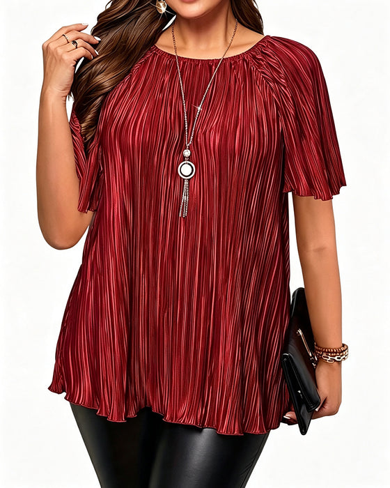 T-Shirt Plus Size Uni Plissiert Kurzarm