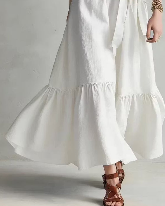 Kleid V-Ausschnitt Ärmellos Rüschen Bindevorne