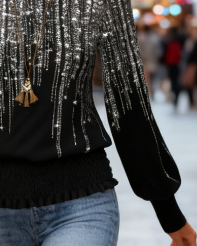 Modisches bedrucktes Langarm-Top mit Rundhalsausschnitt