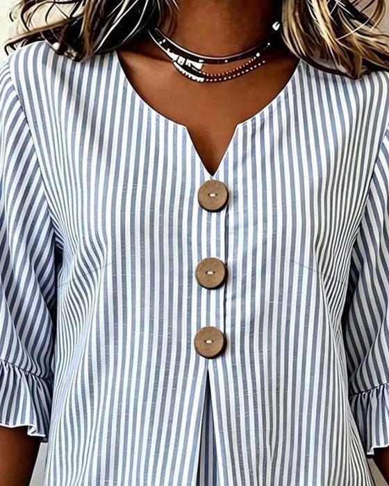 Bluse Mini V-Ausschnitt Rüsche Streifen Knopf
