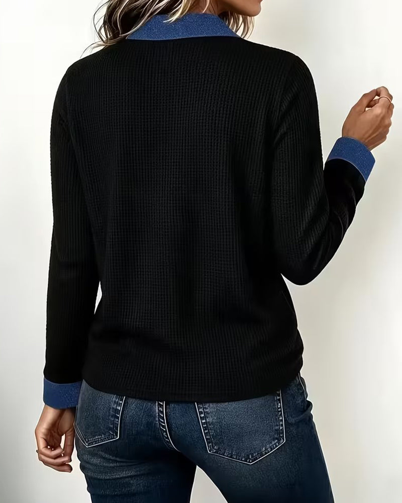 Bluse Locker Denim Kragen Panel Langarm