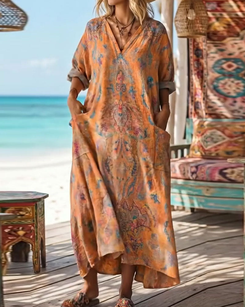 Kleid Retro Blumendruck V-Ausschnitt Maxi