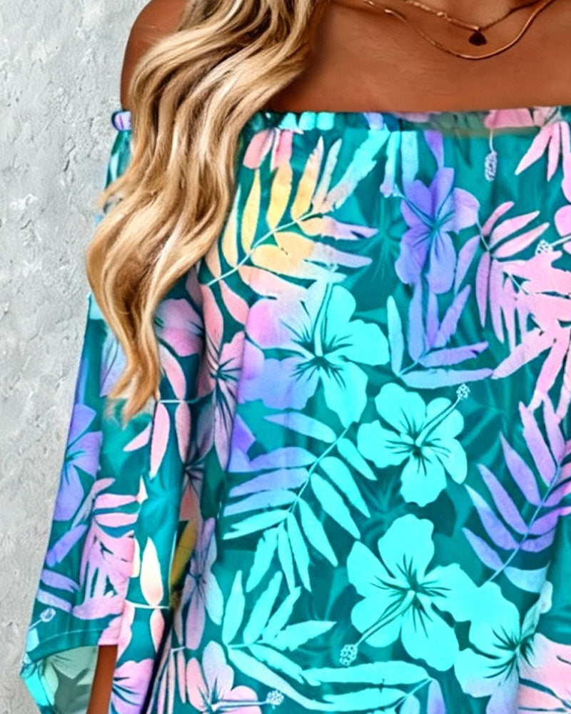 Bedruckte Bluse mit schulterfreien Fledermausärmeln