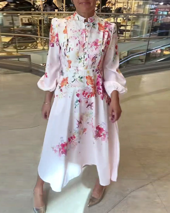 Kleid Französisch Puffärmel Stehkragen Druck