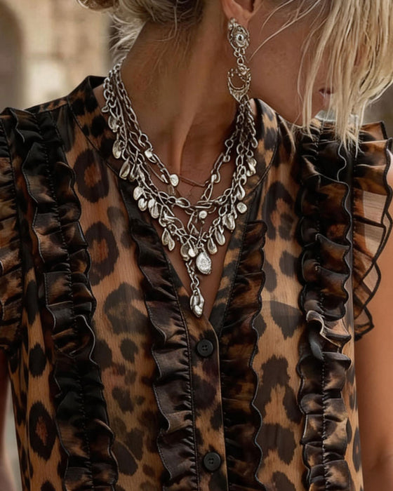 Tank Top Ärmellos Leopard Druck Rüsche