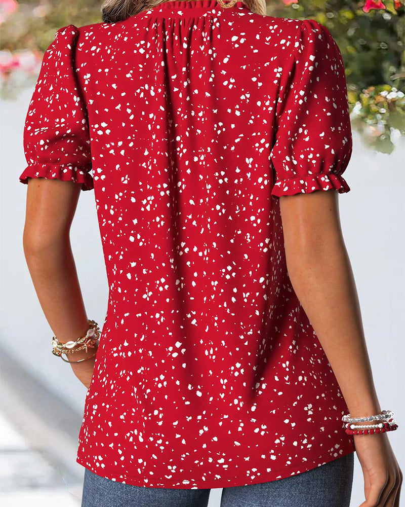 Bluse V-Ausschnitt Plissiert Kleine Blumen