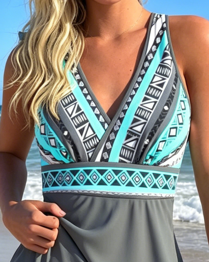 Swimdress Ärmellos V-Ausschnitt Geometrischer Druck