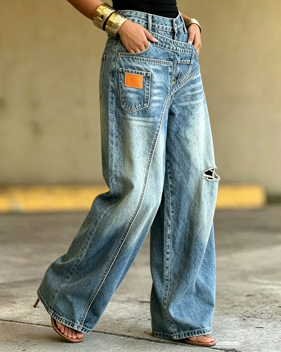 Hose Unregelmäßig Zerrissene Denim Lang