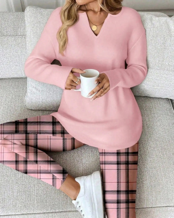 Set V-Ausschnitt Einfarbig Oberteil + Karo Hose Loungewear