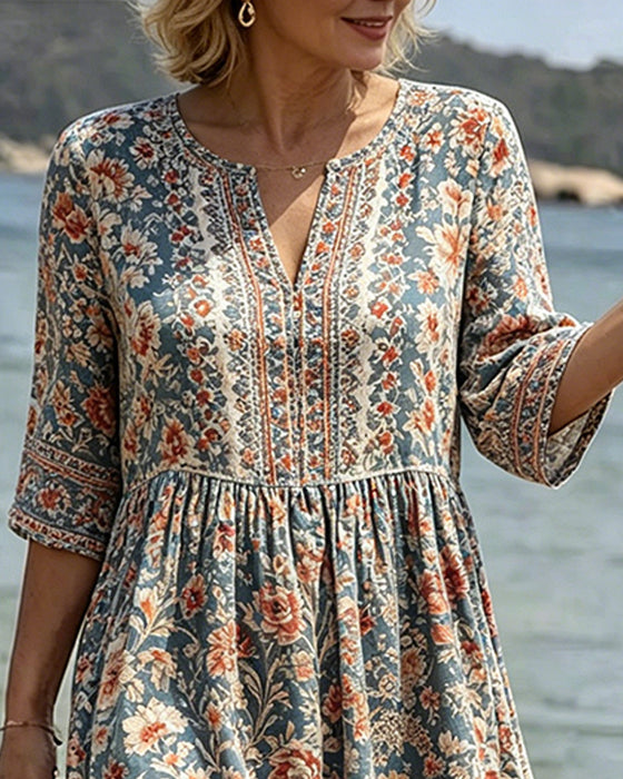 Kleid Mini V-Ausschnitt Blumen Patchwork