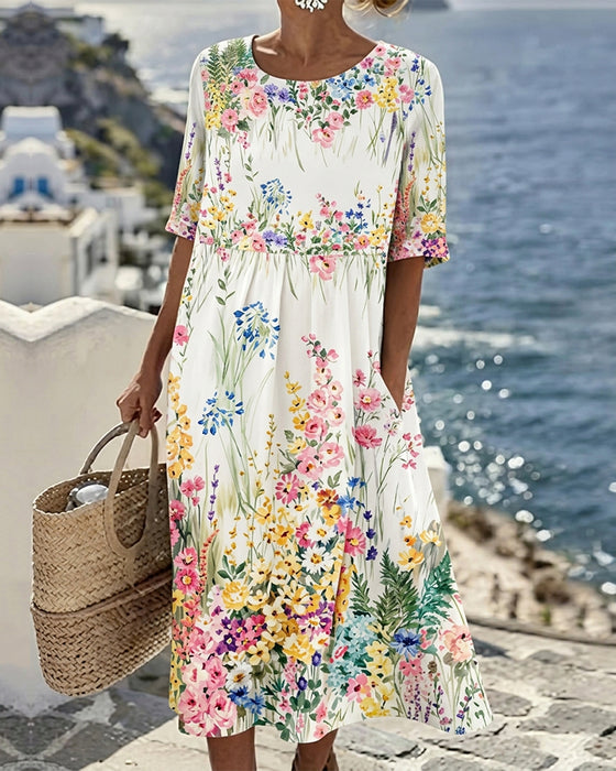 Kleid Rund Hals Aquarell Blumen