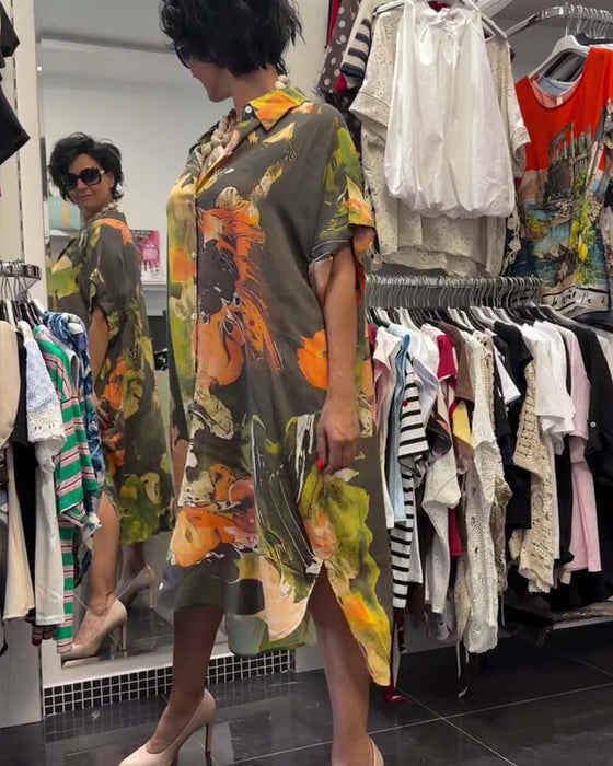 Kleid Hemdkragen Farbblock Schlitz