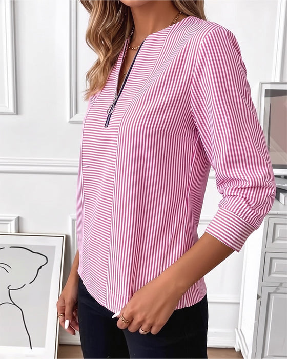 Bluse Gestreift Patchwork Reißverschluss Hoch