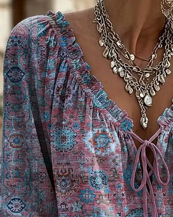 Bluse V-Ausschnitt Bindung Vintage Print