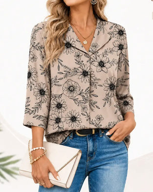 Bluse Tinte Waschen Blumig Dreiviertel Revers