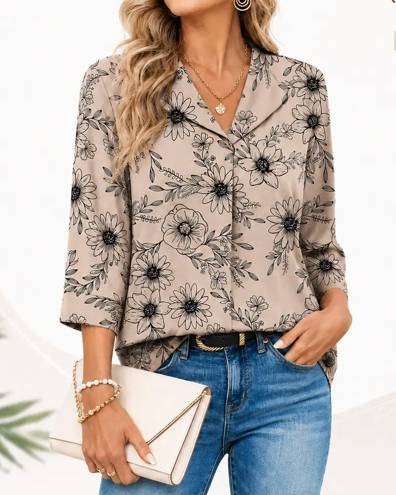 Bluse Tinte Waschen Blumig Dreiviertel Revers
