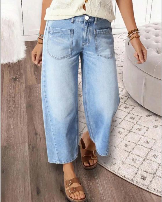 Jeans Denim Elastische Taille Weites Bein Cropped