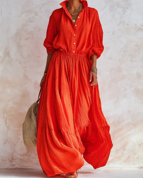Kleid Revers Figurbetonte Taille Hemd Ausgestellt Lang
